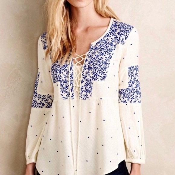 Vanessa Virginia Tops - Women's Floral Embroidered Blouse - Cream and Blue